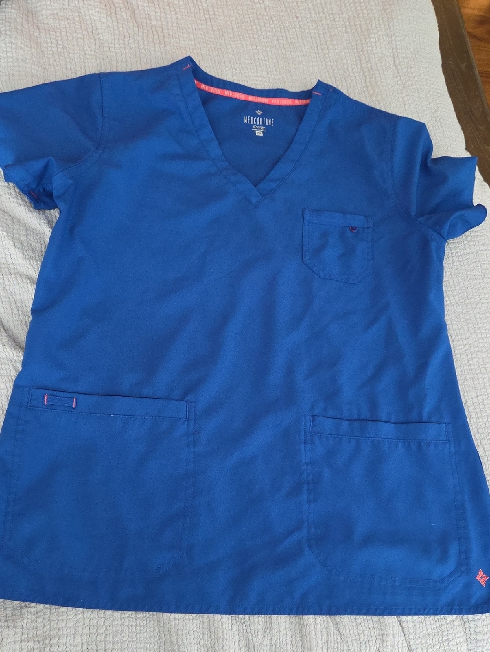Med Couture Blue V-Neck Scrub Top with Pink Trim